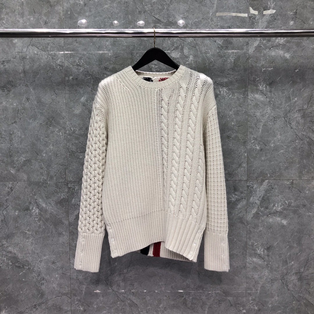 THOM BROWNE 后背三色条纹圆领毛衣 针织衫 长袖 灰色 白色