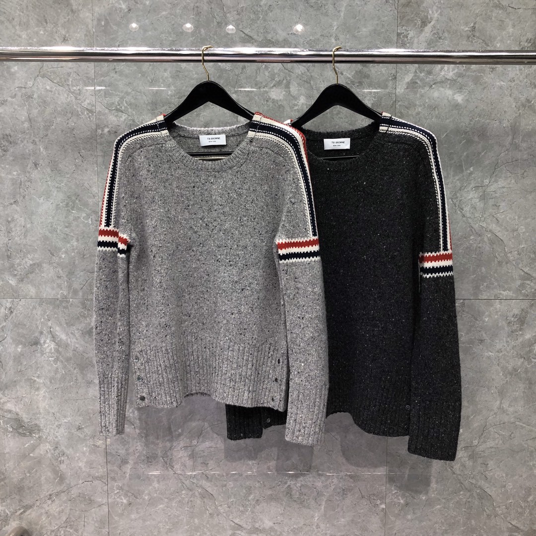 THOM BROWNE 嵌花三色条纹圆领毛衣 针织衫 长袖 浅灰色 深灰色 MKA177A-00278-035