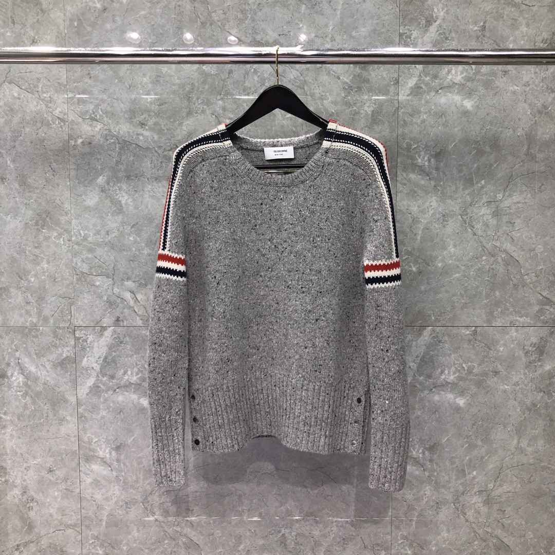 THOM BROWNE 嵌花三色条纹圆领毛衣 针织衫 长袖 浅灰色 深灰色 MKA177A-00278-035