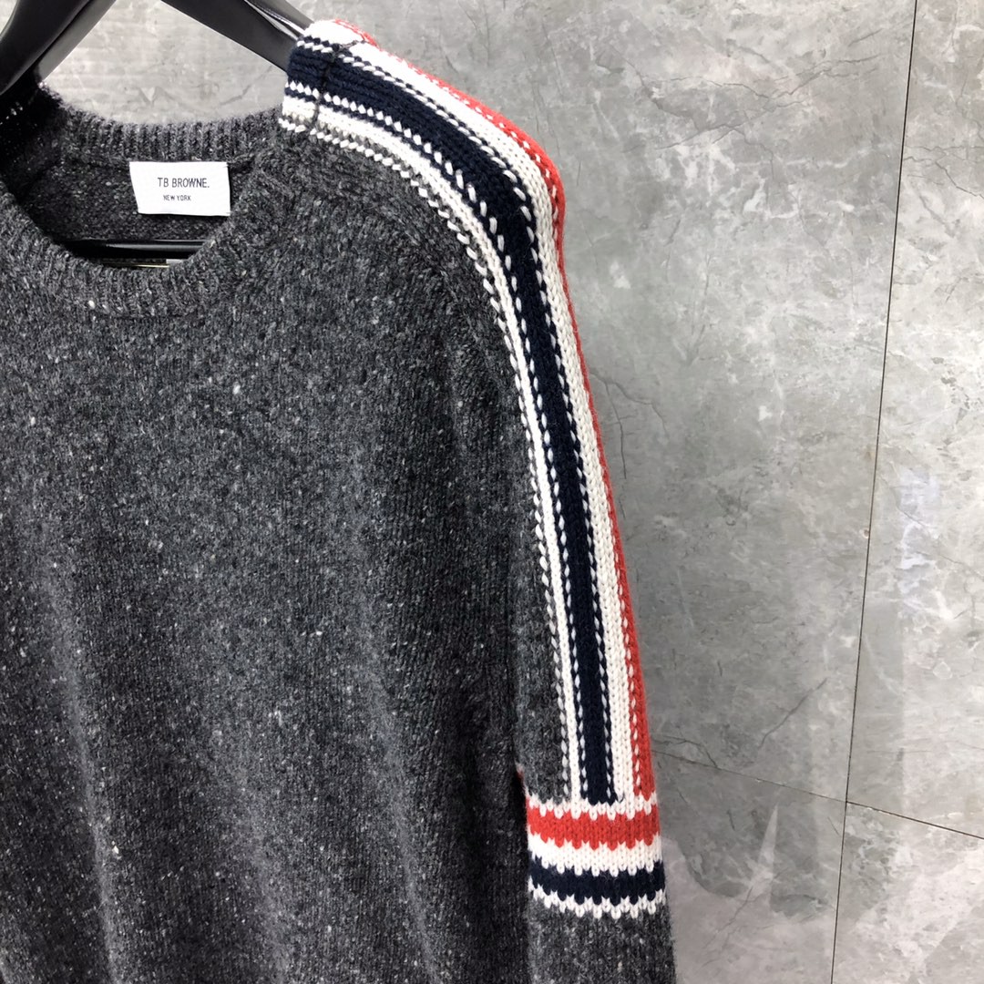 THOM BROWNE 嵌花三色条纹圆领毛衣 针织衫 长袖 浅灰色 深灰色 MKA177A-00278-035