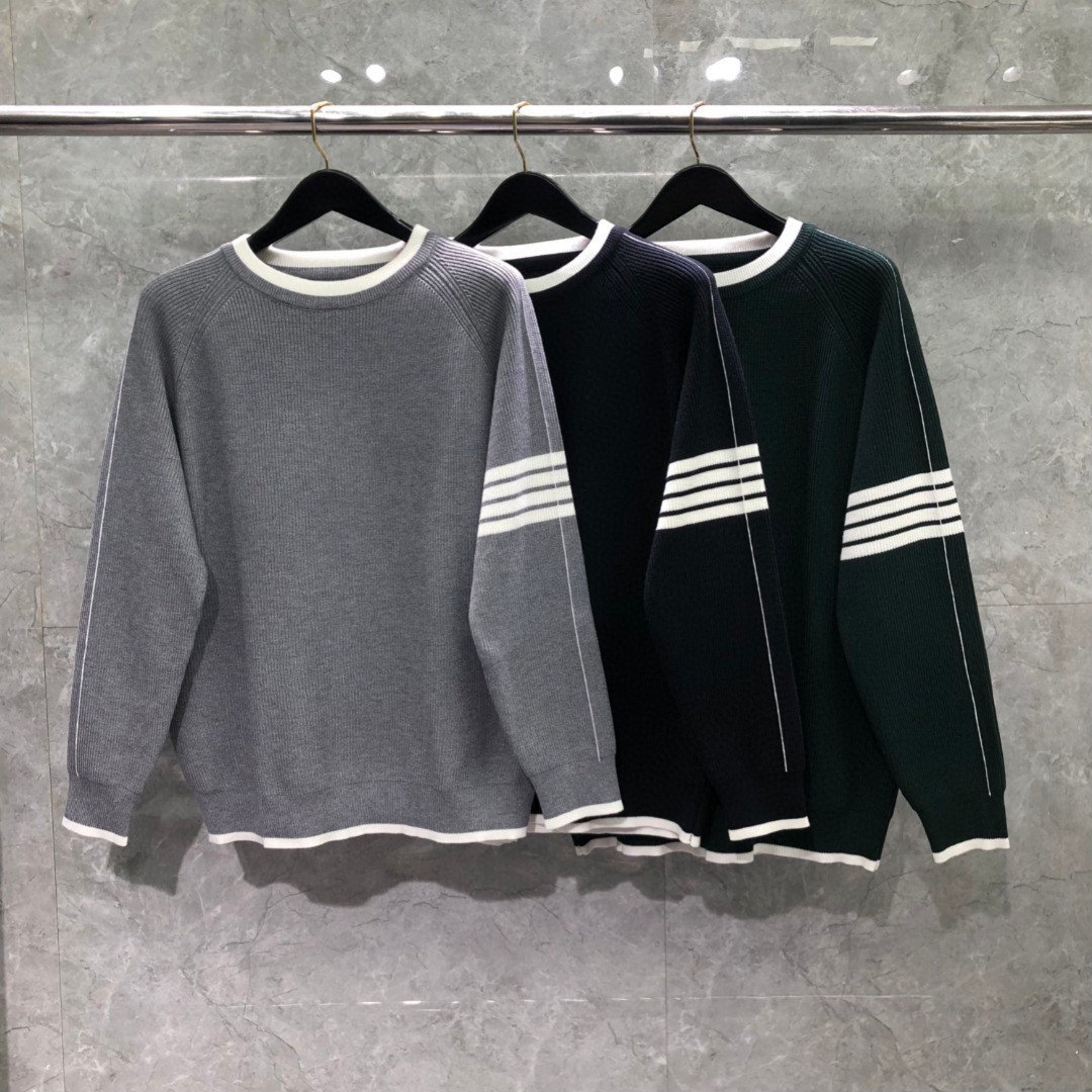 THOM BROWNE 白边细针拼色四杠圆领毛衣 针织衫 长袖 灰色 黑色 墨绿色