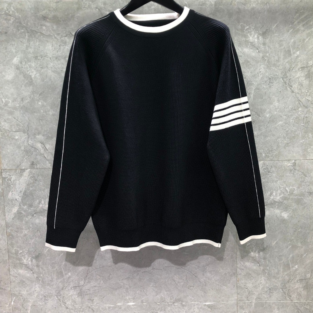 THOM BROWNE 白边细针拼色四杠圆领毛衣 针织衫 长袖 灰色 黑色 墨绿色