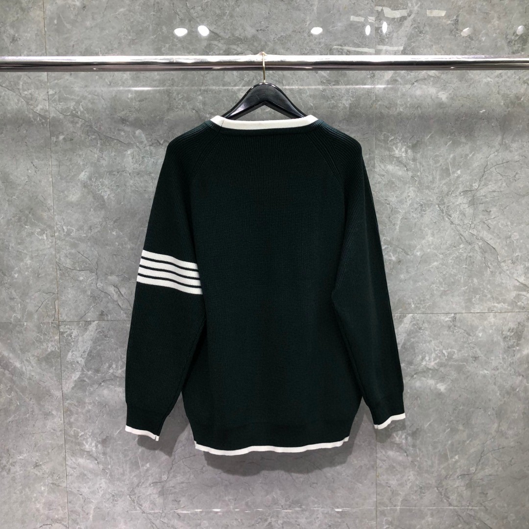 THOM BROWNE 白边细针拼色四杠圆领毛衣 针织衫 长袖 灰色 黑色 墨绿色