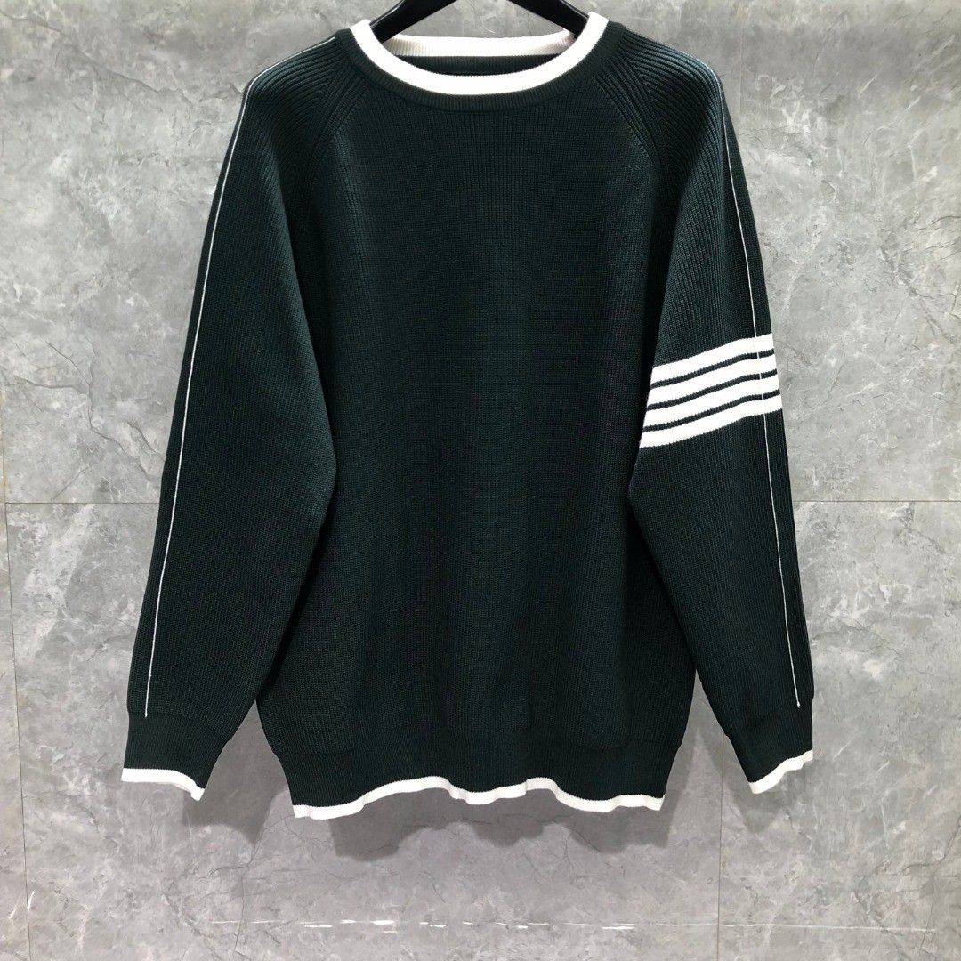 THOM BROWNE 白边细针拼色四杠圆领毛衣 针织衫 长袖 灰色 黑色 墨绿色