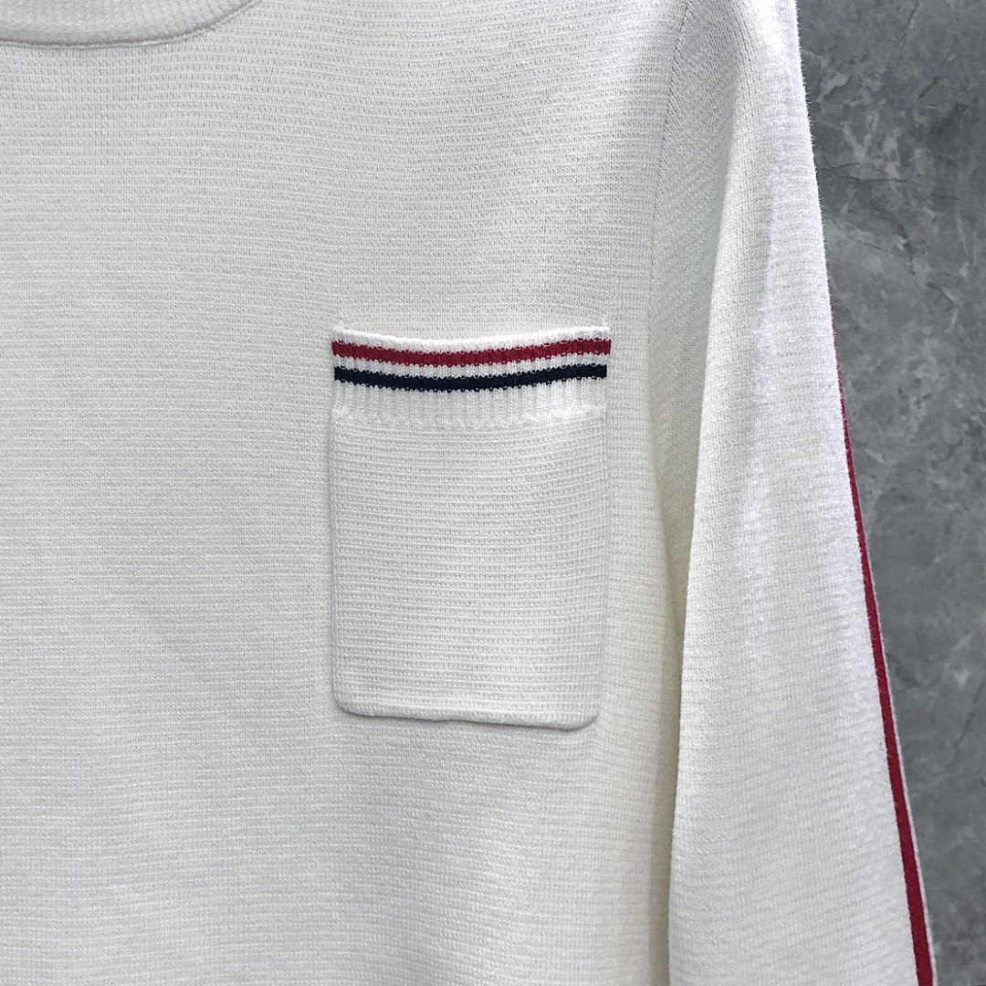 THOM BROWNE 口袋双袖织带圆领毛衣 针织衫 长袖 灰色 白色 藏青色