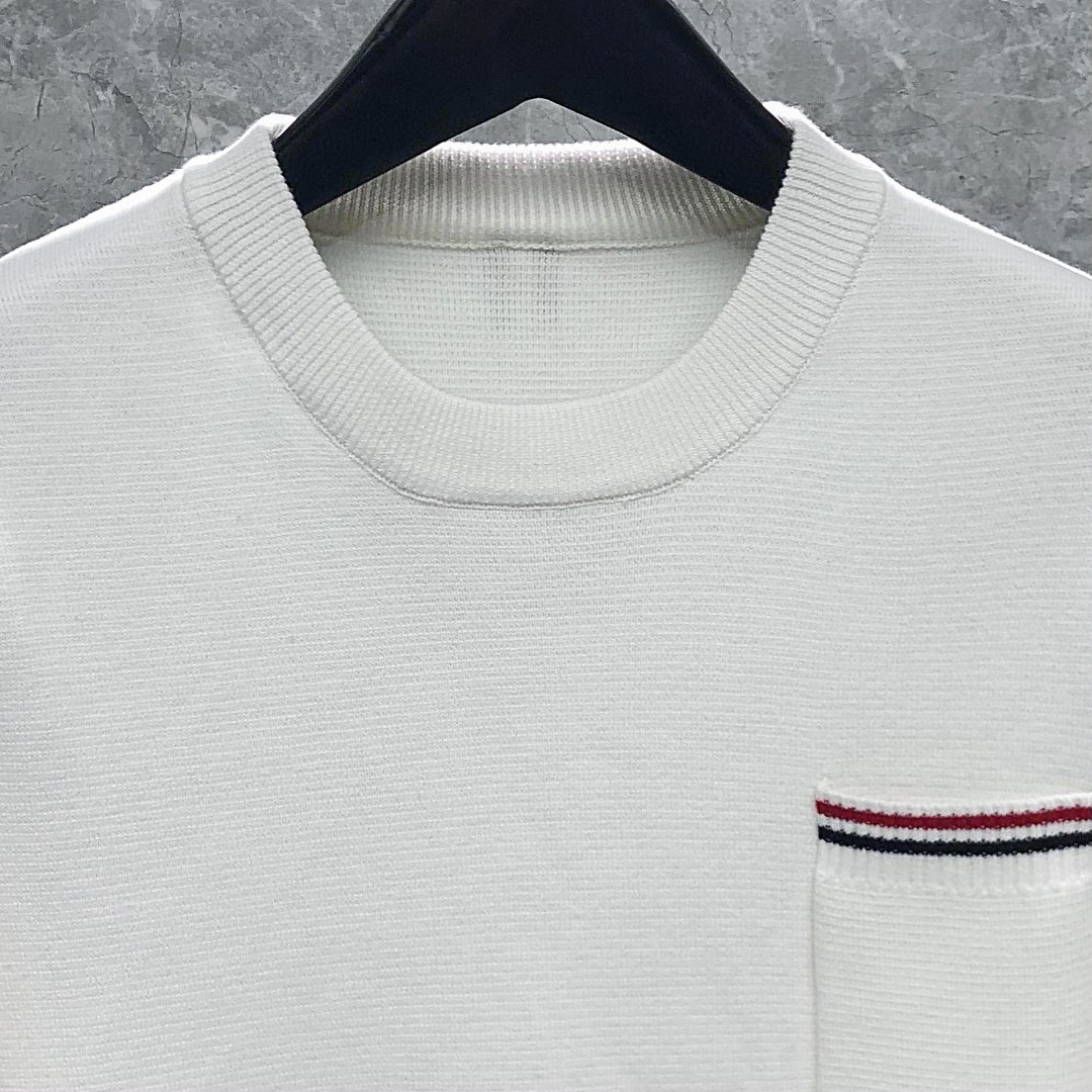 THOM BROWNE 口袋双袖织带圆领毛衣 针织衫 长袖 灰色 白色 藏青色