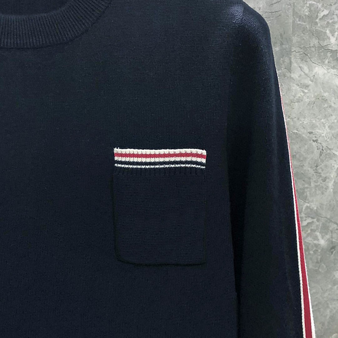 THOM BROWNE 口袋双袖织带圆领毛衣 针织衫 长袖 灰色 白色 藏青色