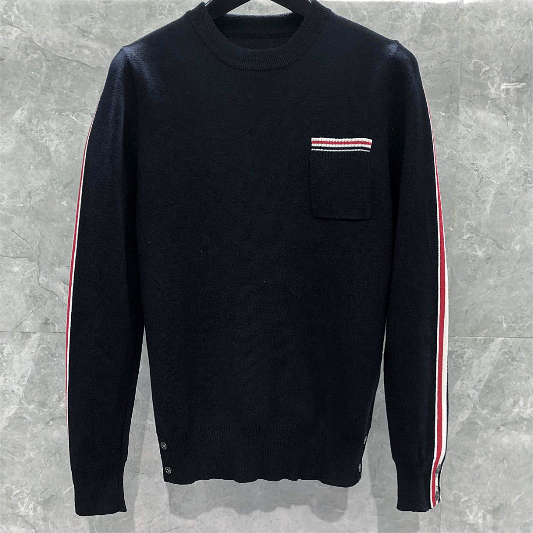 THOM BROWNE 口袋双袖织带圆领毛衣 针织衫 长袖 灰色 白色 藏青色