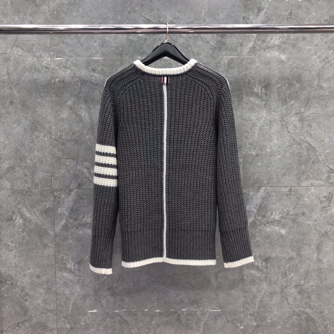 THOM BROWNE 白边粗棒针圆领毛衣 针织衫 长袖 藏蓝色