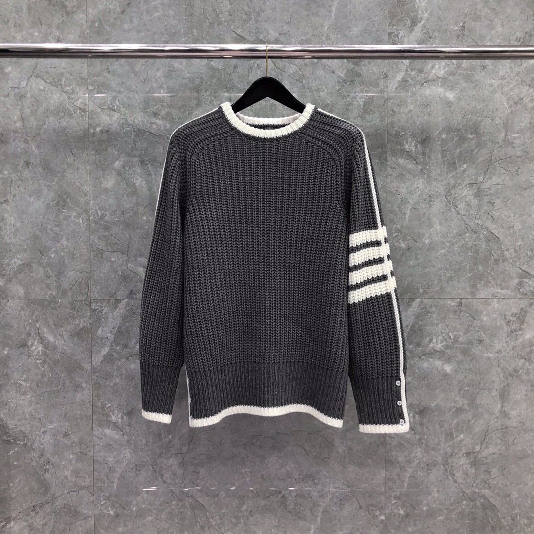 THOM BROWNE 白边粗棒针圆领毛衣 针织衫 长袖 藏蓝色