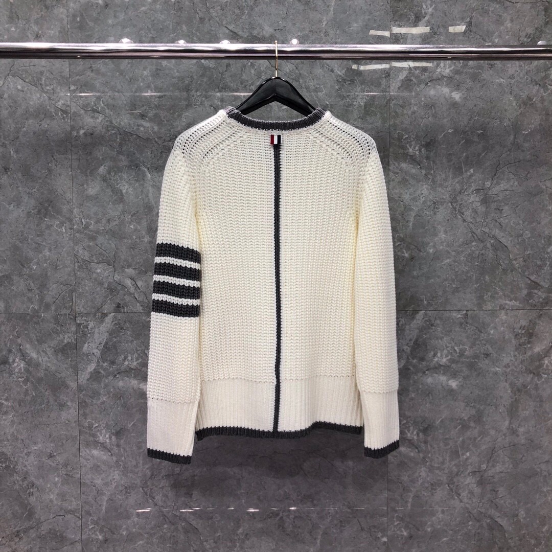 THOM BROWNE 白边粗棒针圆领毛衣 针织衫 长袖 藏蓝色
