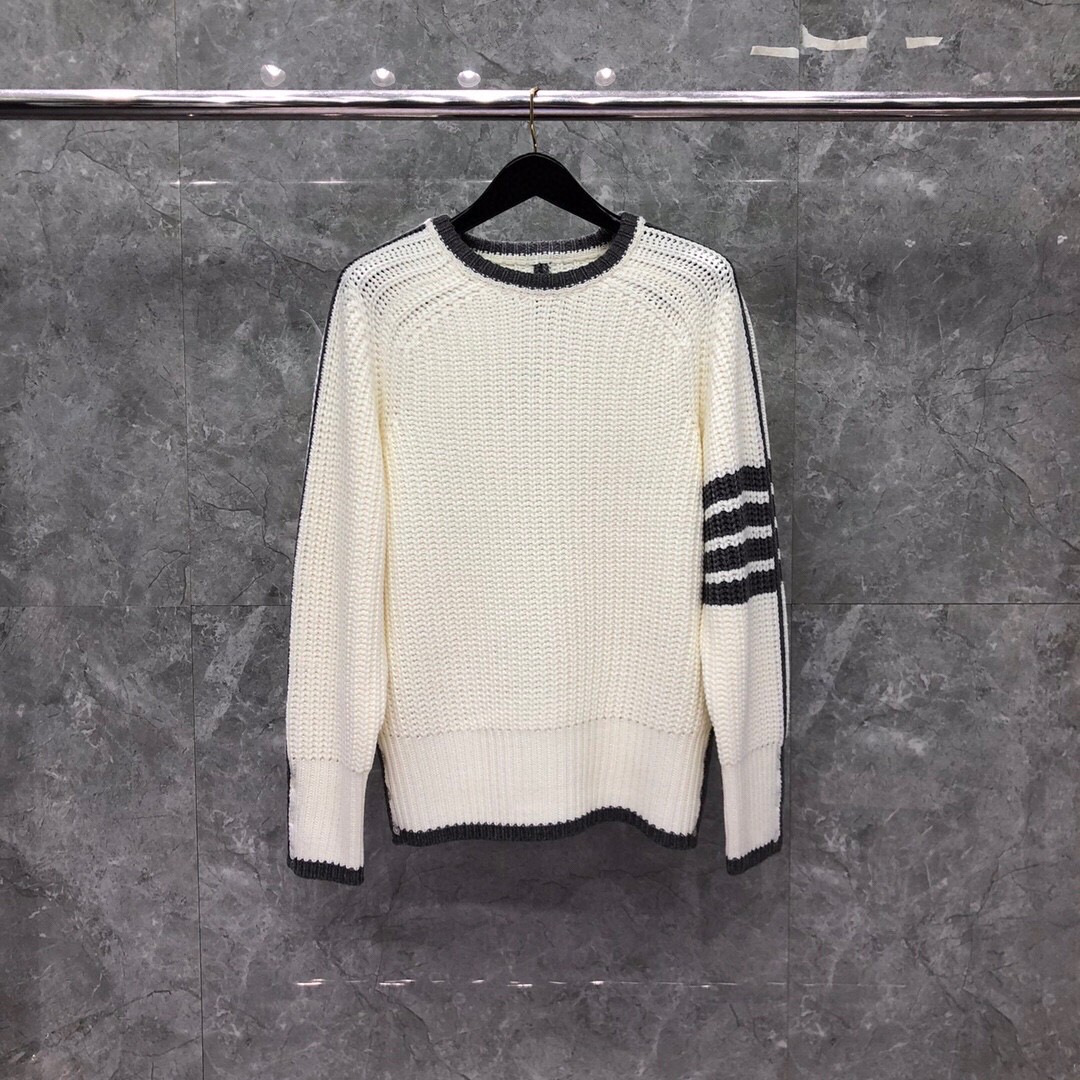 THOM BROWNE 白边粗棒针圆领毛衣 针织衫 长袖 藏蓝色