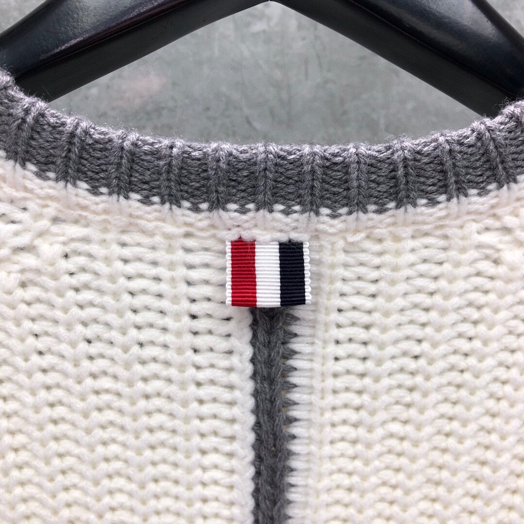 THOM BROWNE 白边粗棒针圆领毛衣 针织衫 长袖 藏蓝色