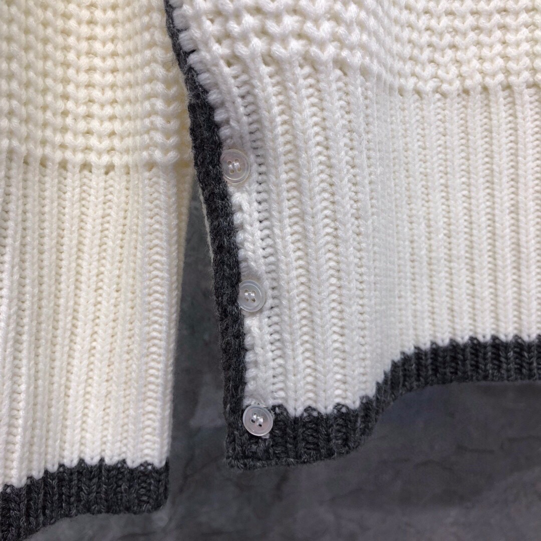 THOM BROWNE 白边粗棒针圆领毛衣 针织衫 长袖 藏蓝色