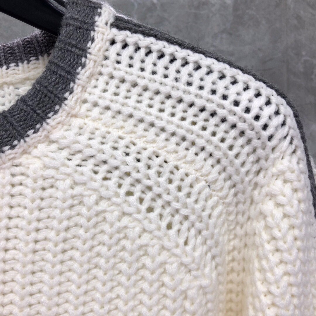 THOM BROWNE 白边粗棒针圆领毛衣 针织衫 长袖 藏蓝色