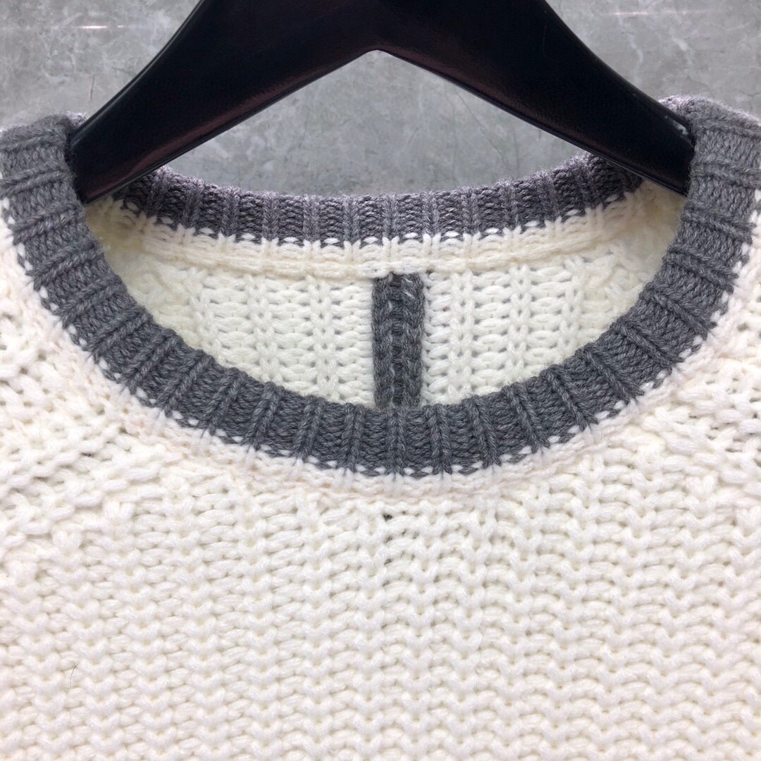 THOM BROWNE 白边粗棒针圆领毛衣 针织衫 长袖 藏蓝色