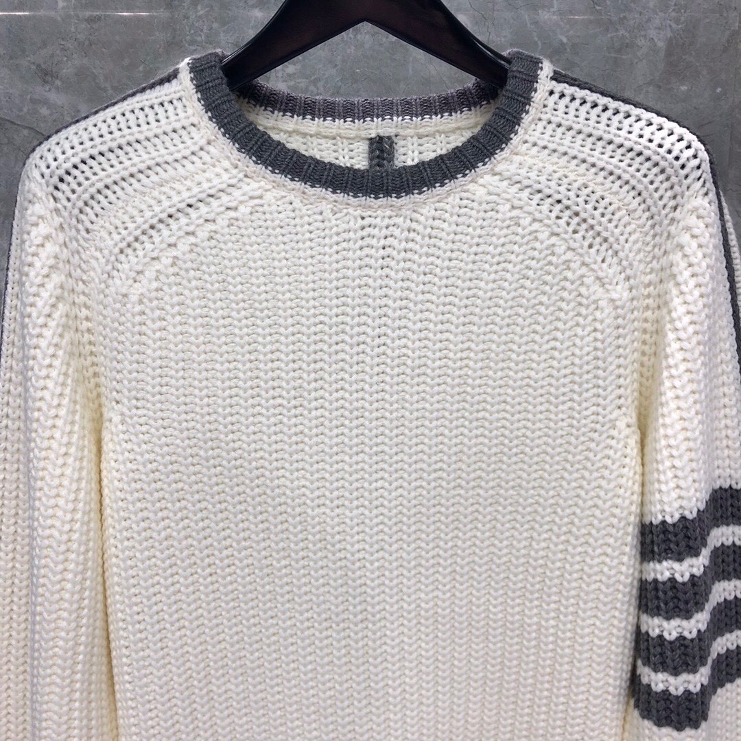 THOM BROWNE 白边粗棒针圆领毛衣 针织衫 长袖 藏蓝色
