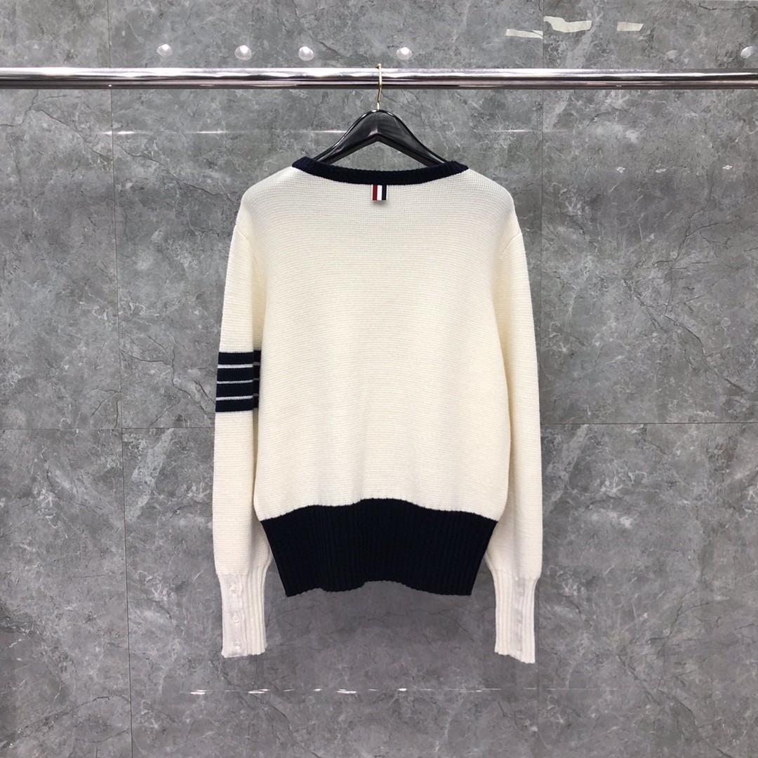 THOM BROWNE 条纹嵌花圆领毛衣 针织衫 长袖 白色 