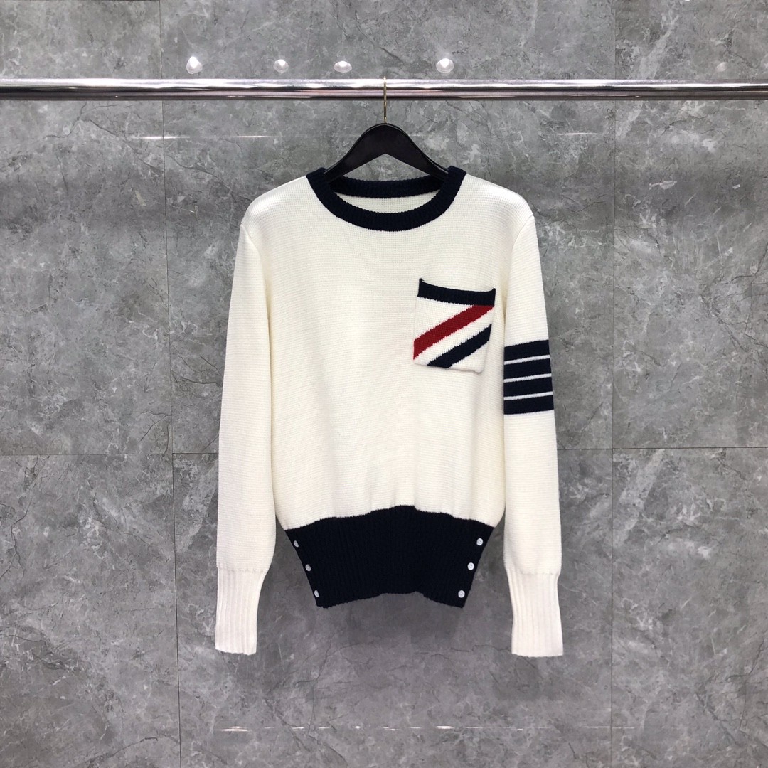 THOM BROWNE 条纹嵌花圆领毛衣 针织衫 长袖 白色 
