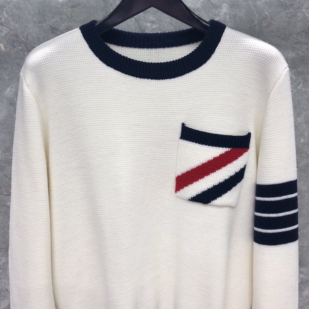 THOM BROWNE 条纹嵌花圆领毛衣 针织衫 长袖 白色 