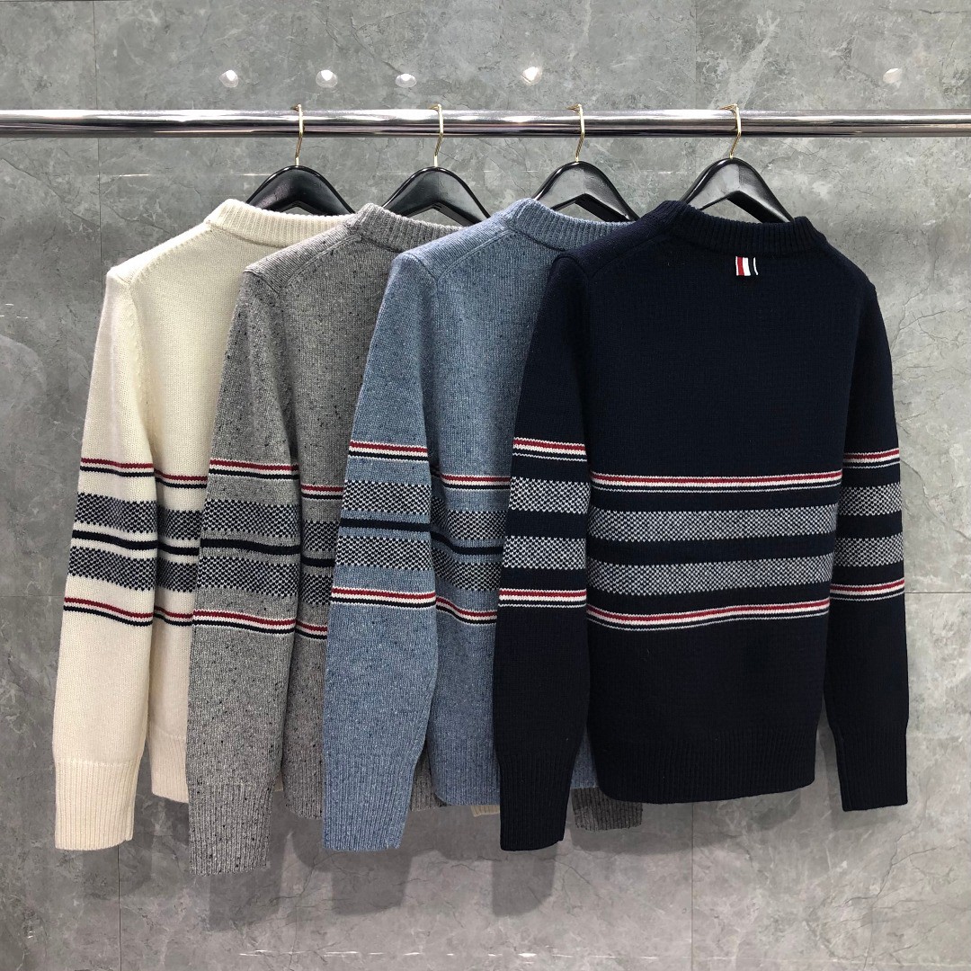 THOM BROWNE 条纹提花羊毛毛衣 针织衫 长袖 蓝色 灰色 白色 藏青色 MKA330A-Y1502-415
