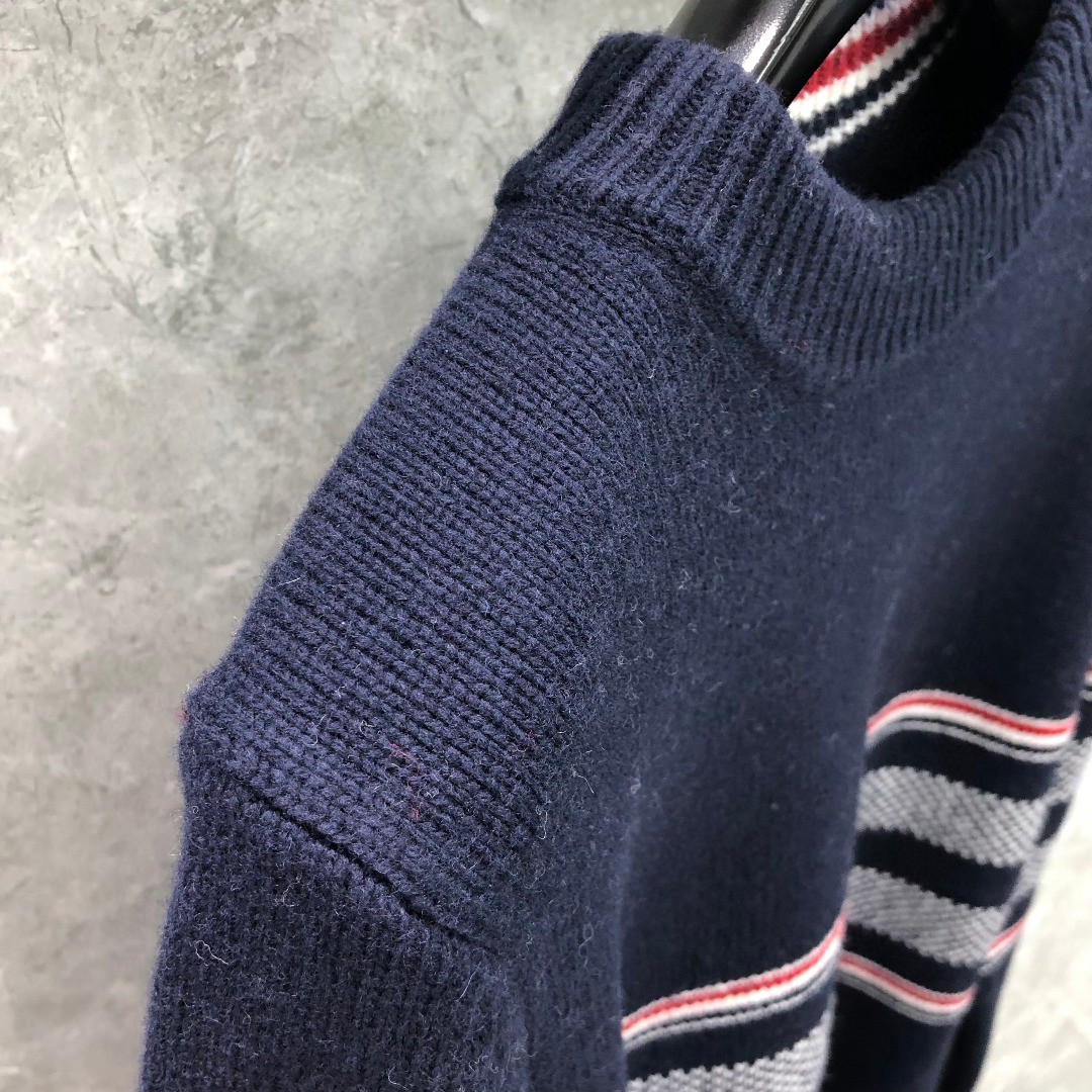 THOM BROWNE 条纹提花羊毛毛衣 针织衫 长袖 蓝色 灰色 白色 藏青色 MKA330A-Y1502-415