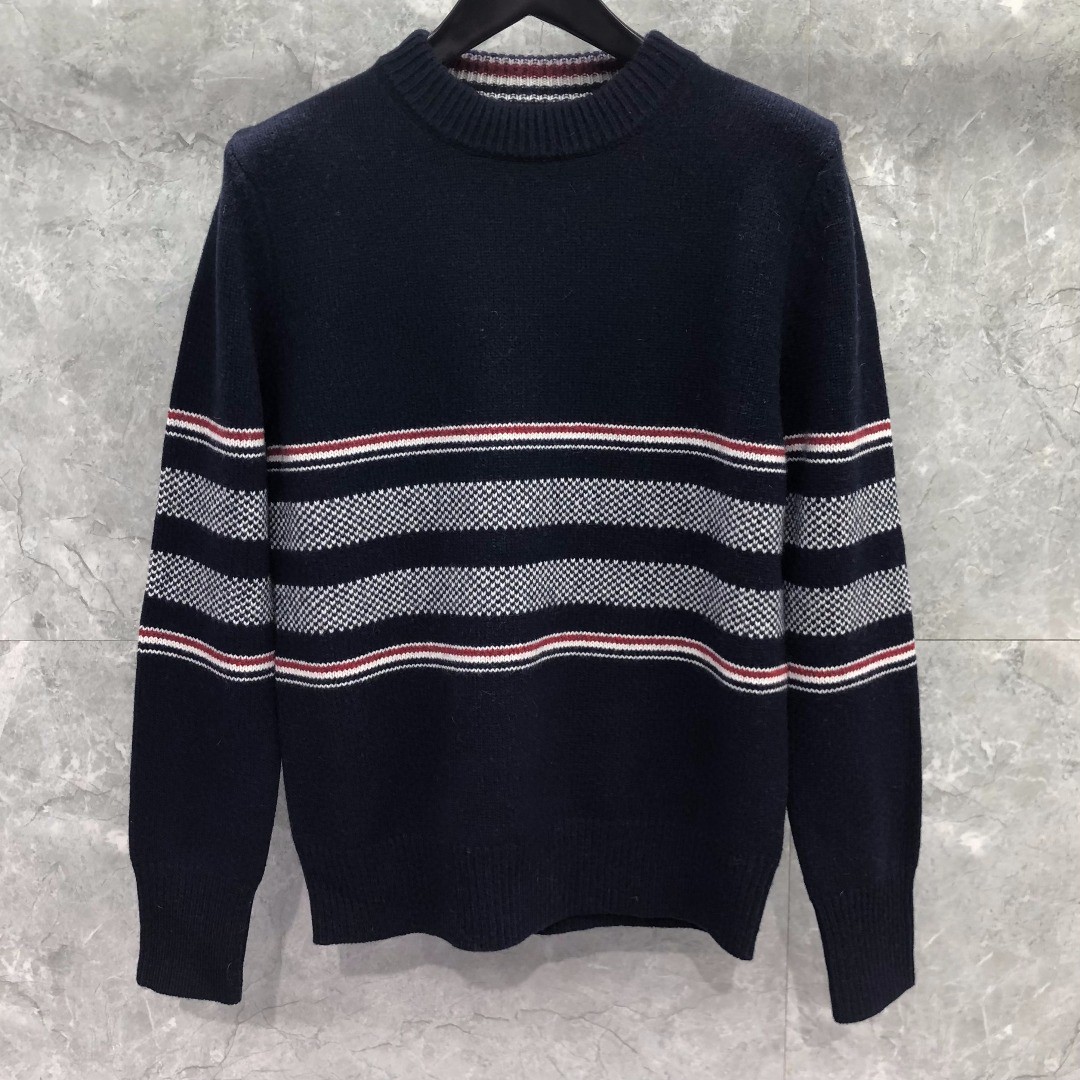 THOM BROWNE 条纹提花羊毛毛衣 针织衫 长袖 蓝色 灰色 白色 藏青色 MKA330A-Y1502-415