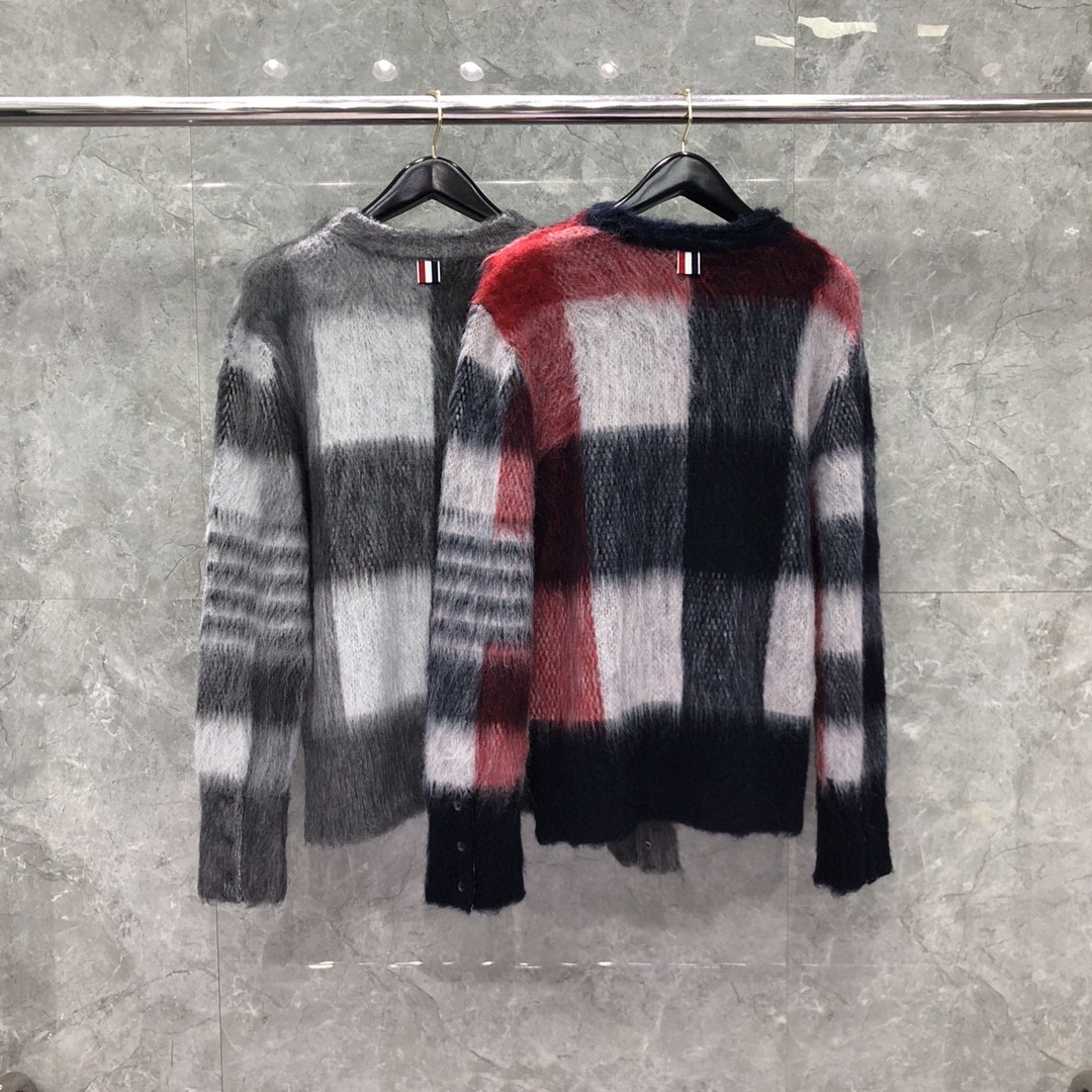THOM BROWNE 马海毛格子套头毛衣 长袖 灰色 红色
