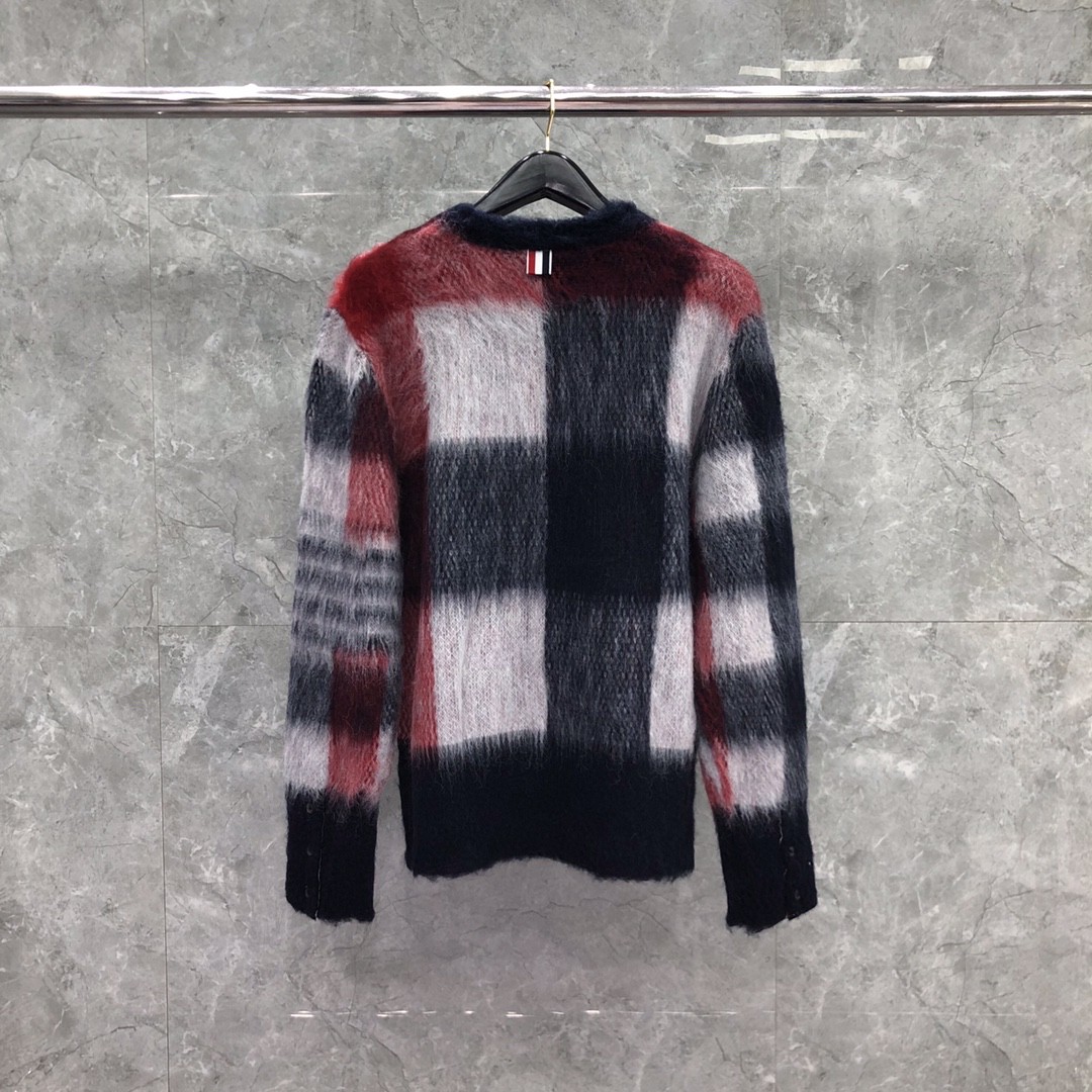 THOM BROWNE 马海毛格子套头毛衣 长袖 灰色 红色