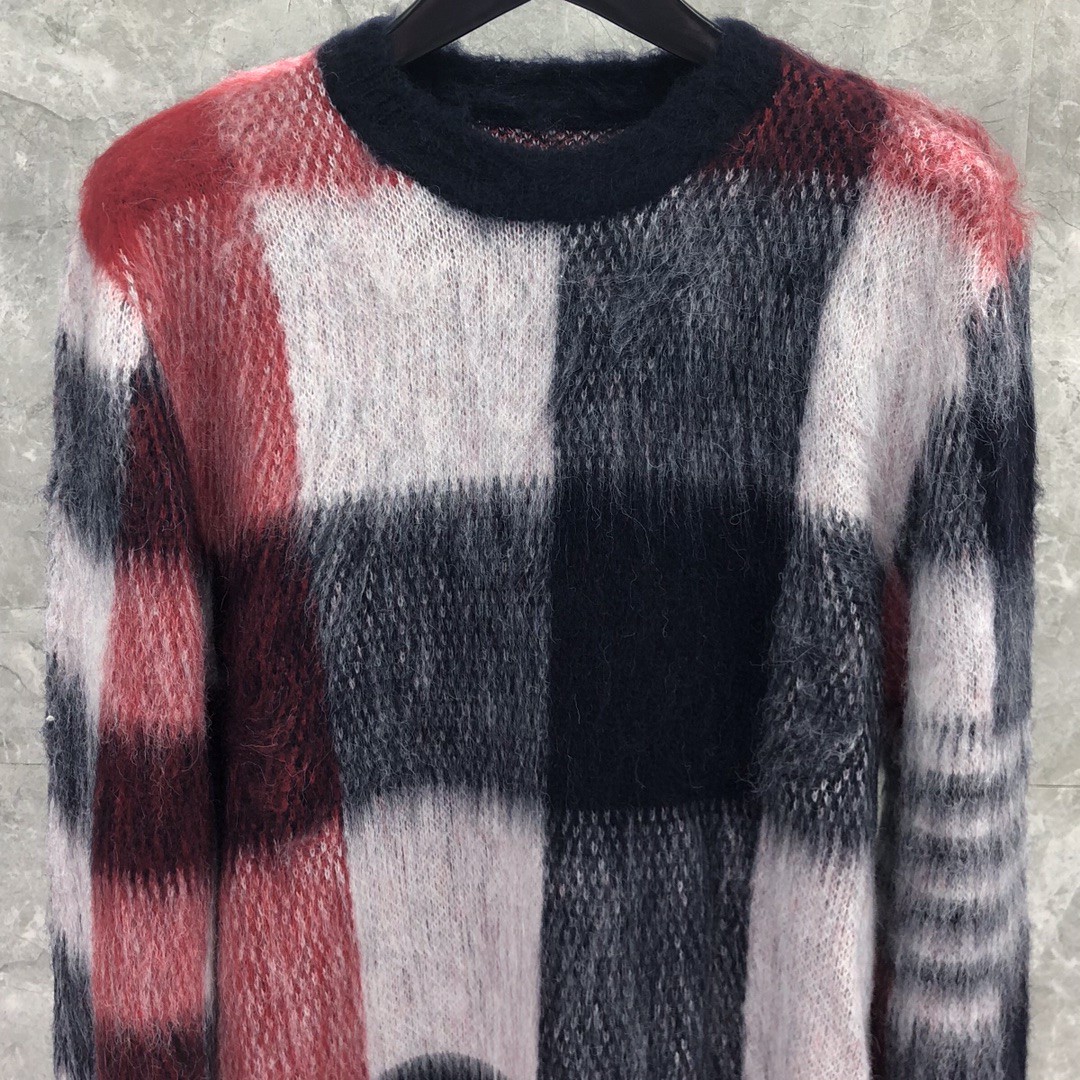 THOM BROWNE 马海毛格子套头毛衣 长袖 灰色 红色