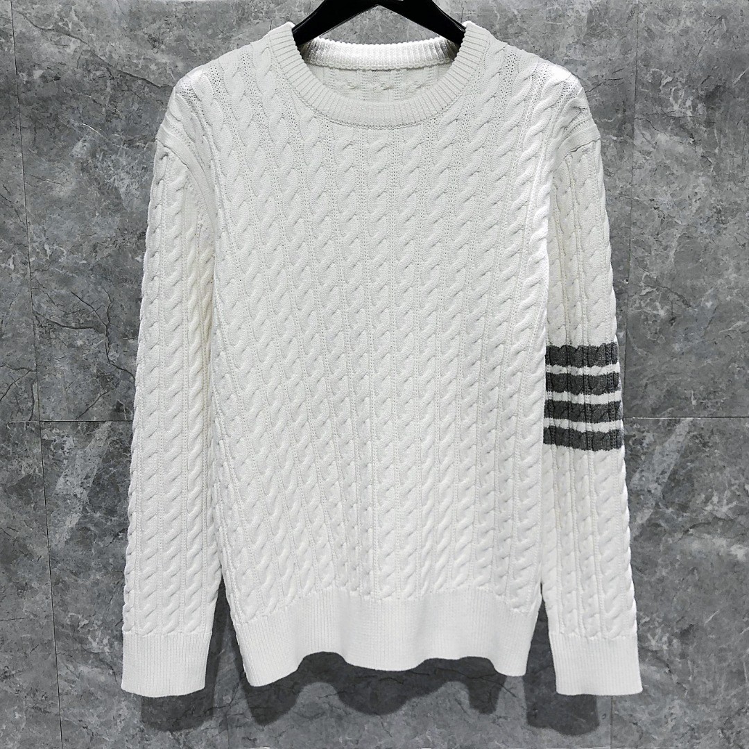 THOM BROWNE 经典四杠粗针麻花圆领毛衣 针织衫 长袖 灰色 白色 藏青色 MKA402A-Y3017-055