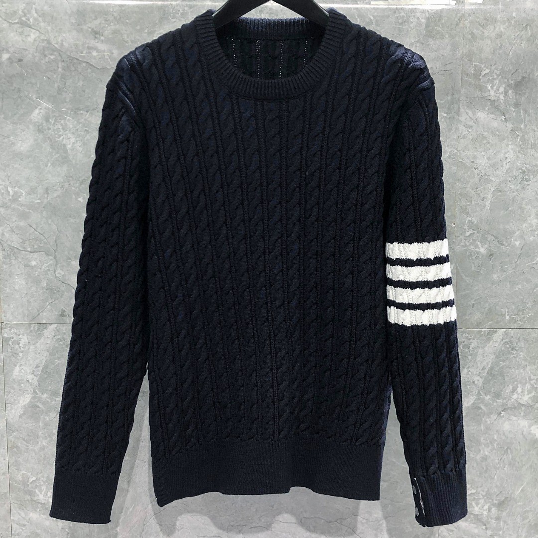 THOM BROWNE 经典四杠粗针麻花圆领毛衣 针织衫 长袖 灰色 白色 藏青色 MKA402A-Y3017-055