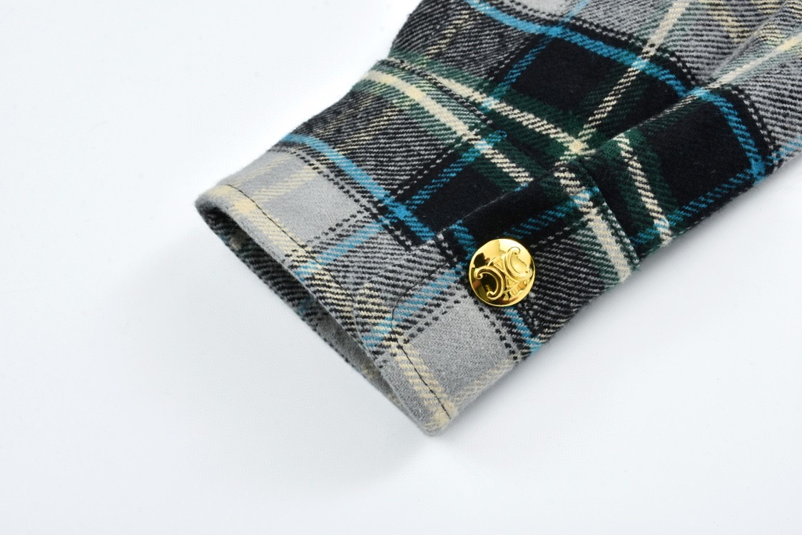 CELINE 赛琳 法兰绒格子衬衫 外套 长袖 2V55L377T-09NV