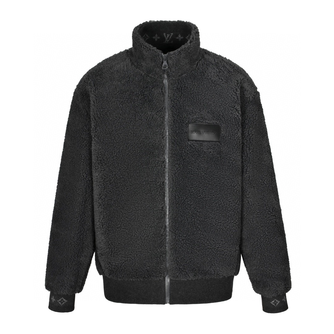 LOUIS VUITTON 路易威登 提花绒面皮牌拉链立领泰迪夹克 外套 长袖 棕色 黑色 1AFXTK