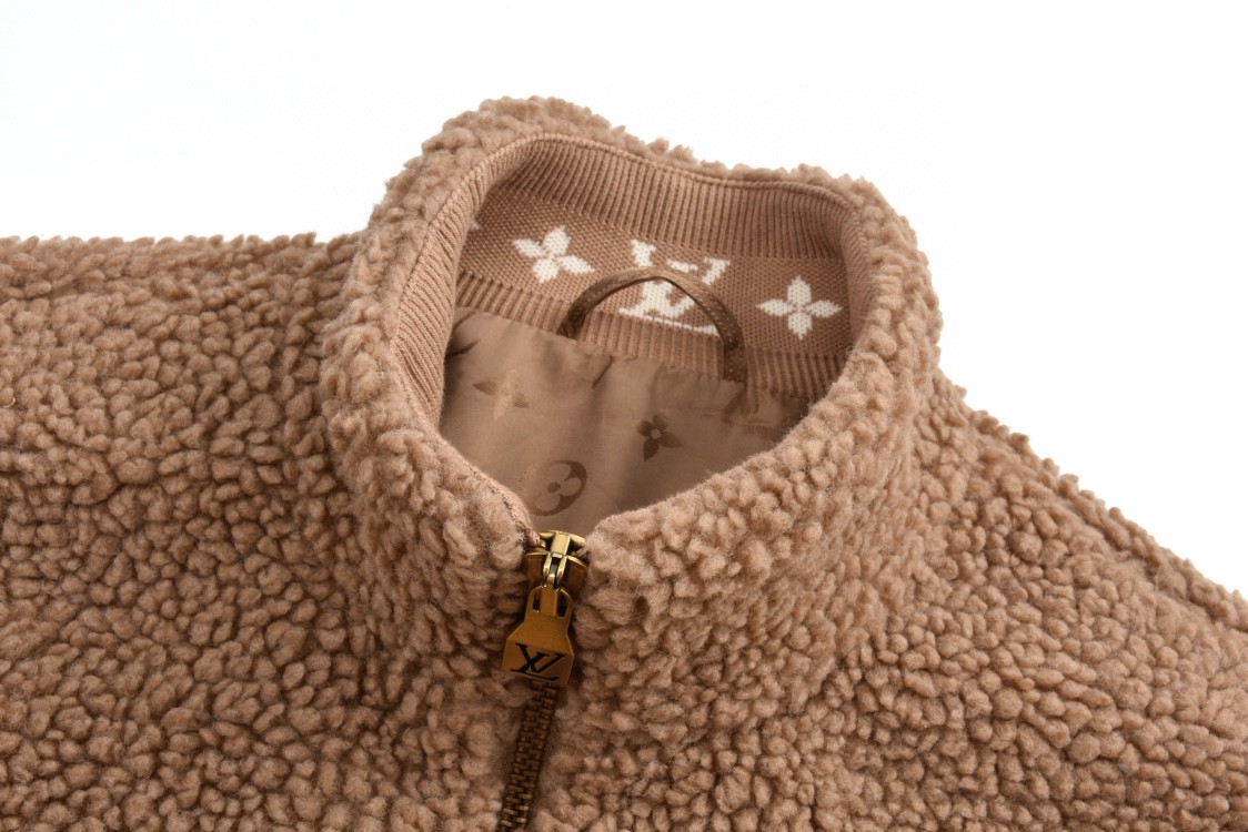 LOUIS VUITTON 路易威登 提花绒面皮牌拉链立领泰迪夹克 外套 长袖 棕色 黑色 1AFXTK