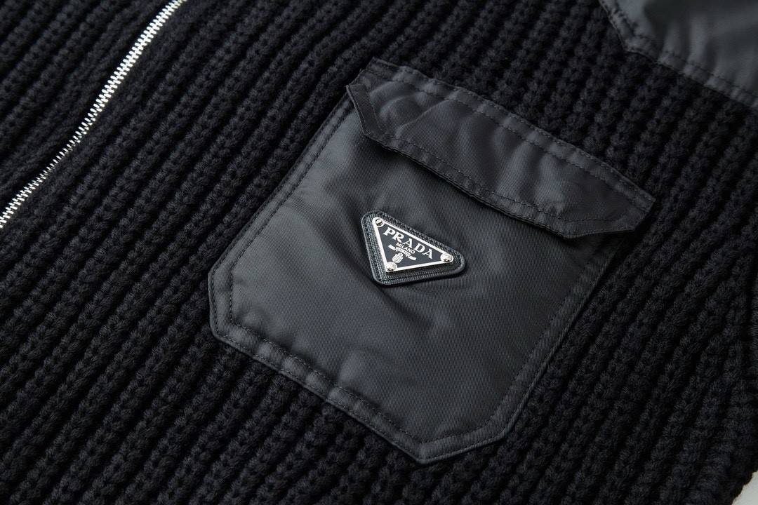 PRADA 普拉达 尼龙针织拼接拉链开衫 毛衣 夹克 外套 长袖 黑色 UMG335-145N-F0002-OOO