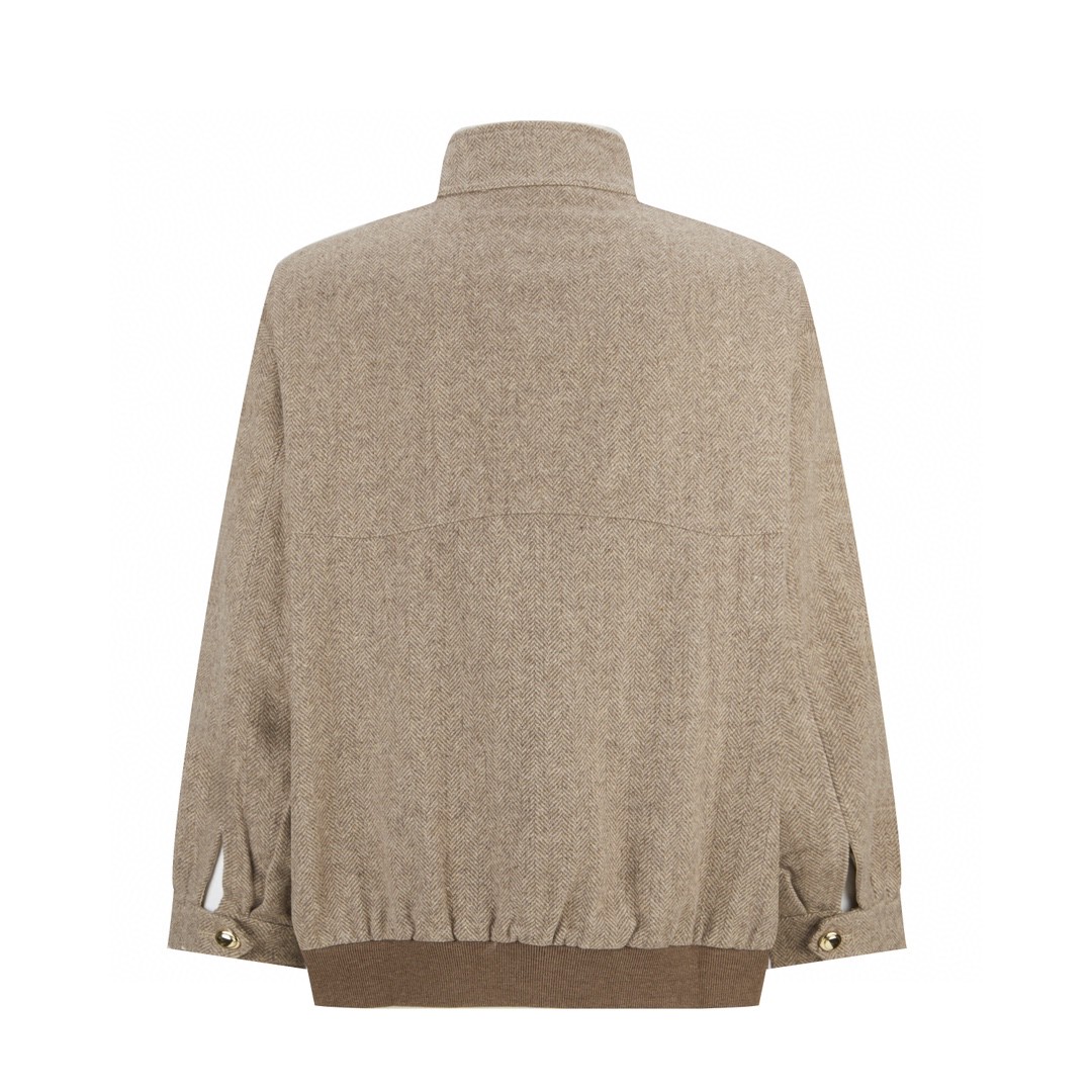 MIU MIU 缪缪 人字斜纹羊毛logo徽标拉链夹克 外套 长袖 卡其色 ML943-15PM-F0241-S-232