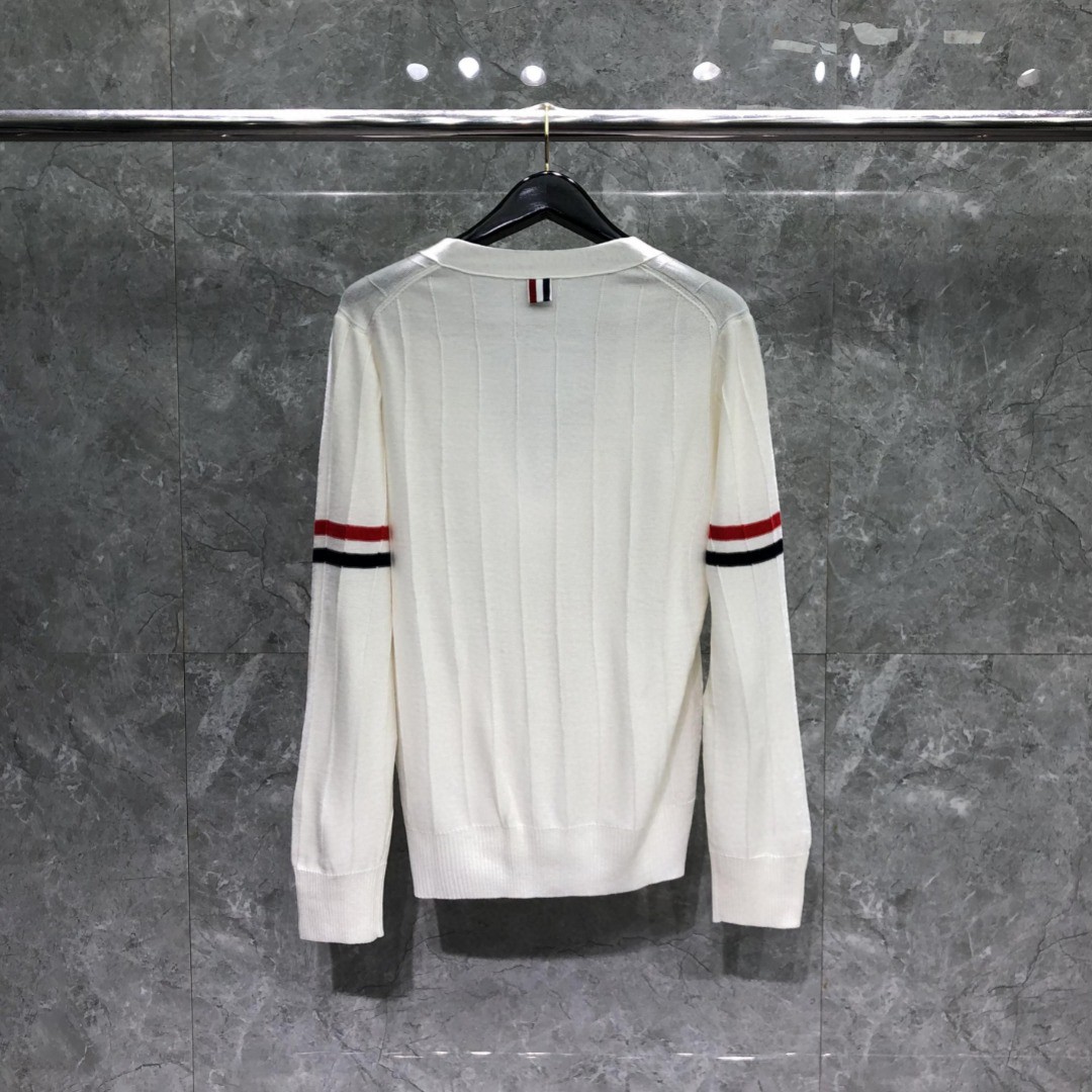 THOM BROWNE 反底坑条双袖红白蓝羊毛V领开衫 毛衣 针织衫 长袖 灰色 浅蓝色 藏青色 白色