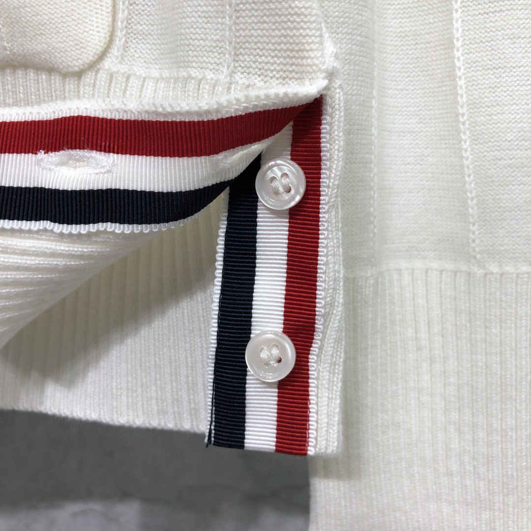 THOM BROWNE 反底坑条双袖红白蓝羊毛V领开衫 毛衣 针织衫 长袖 灰色 浅蓝色 藏青色 白色
