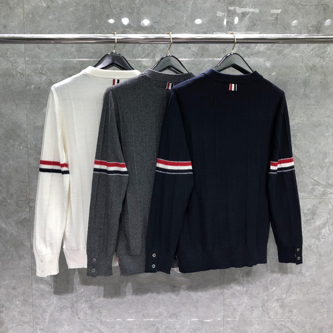 THOM BROWNE 反底坑条双袖红白蓝羊毛圆领毛衣 针织衫 长袖 灰色 白色 藏青色