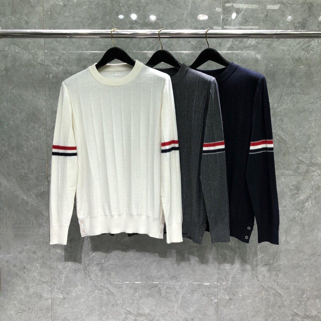 THOM BROWNE 反底坑条双袖红白蓝羊毛圆领毛衣 针织衫 长袖 灰色 白色 藏青色