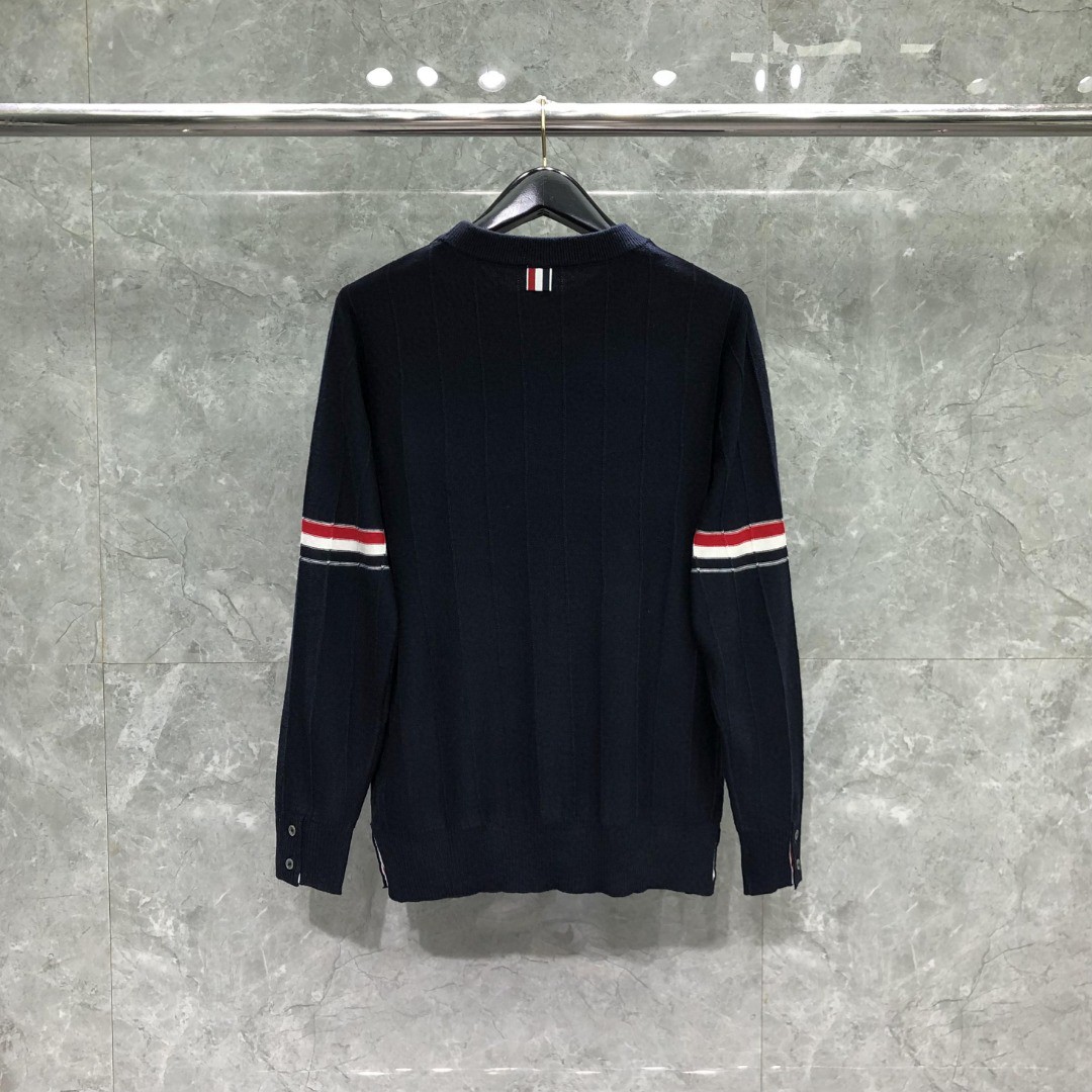 THOM BROWNE 反底坑条双袖红白蓝羊毛圆领毛衣 针织衫 长袖 灰色 白色 藏青色