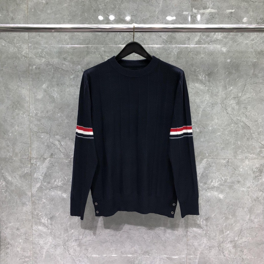 THOM BROWNE 反底坑条双袖红白蓝羊毛圆领毛衣 针织衫 长袖 灰色 白色 藏青色