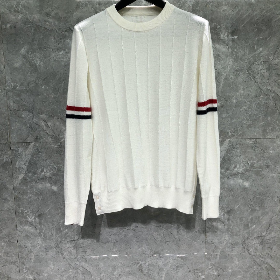 THOM BROWNE 反底坑条双袖红白蓝羊毛圆领毛衣 针织衫 长袖 灰色 白色 藏青色