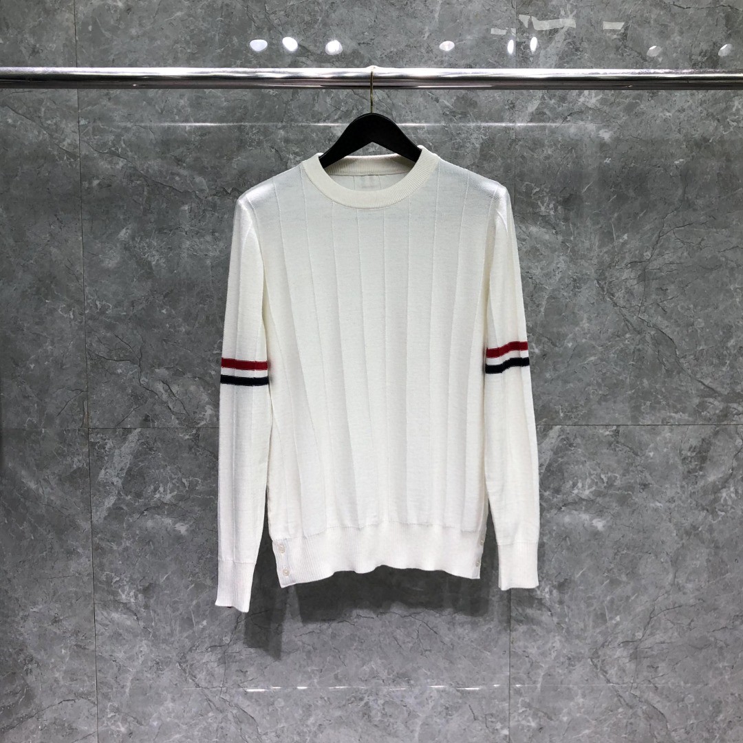 THOM BROWNE 反底坑条双袖红白蓝羊毛圆领毛衣 针织衫 长袖 灰色 白色 藏青色