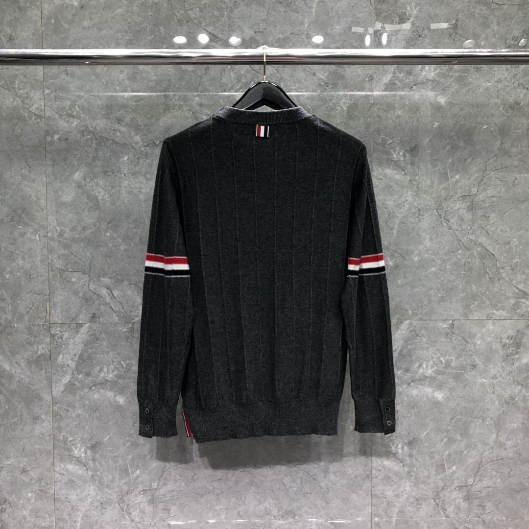 THOM BROWNE 反底坑条双袖红白蓝羊毛圆领毛衣 针织衫 长袖 灰色 白色 藏青色