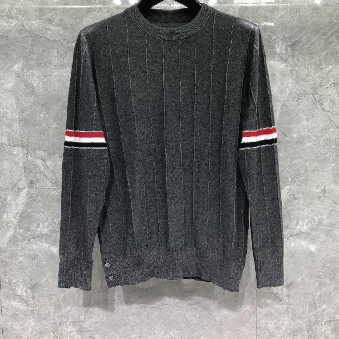 THOM BROWNE 反底坑条双袖红白蓝羊毛圆领毛衣 针织衫 长袖 灰色 白色 藏青色