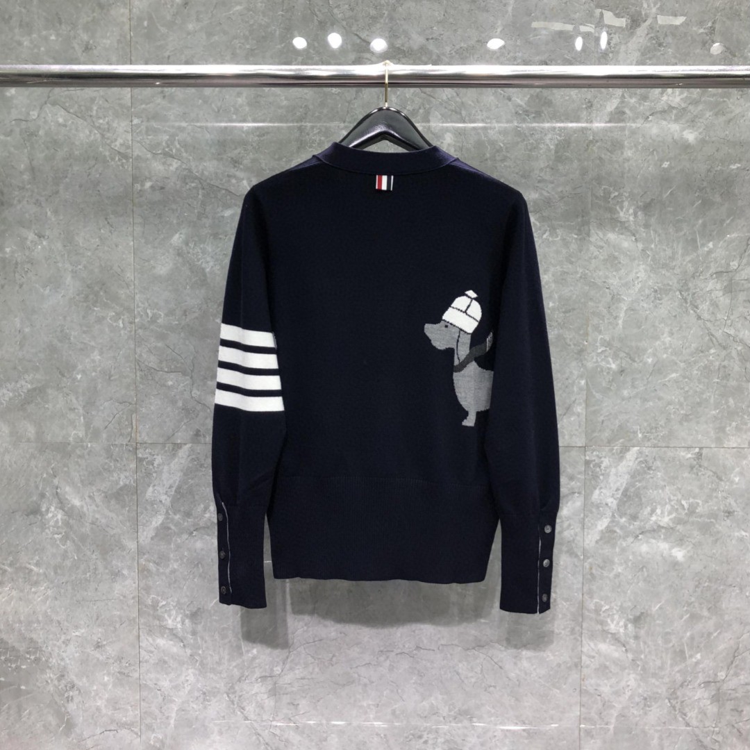 THOM BROWNE 小狗印花V领开衫 毛衣 针织衫 长袖 海军蓝 MKC524A-Y1030-415