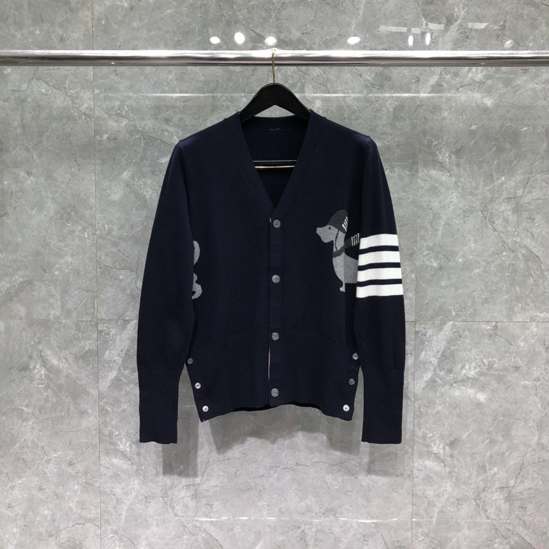THOM BROWNE 小狗印花V领开衫 毛衣 针织衫 长袖 海军蓝 MKC524A-Y1030-415