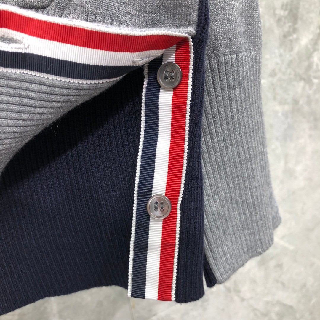 THOM BROWNE 前后拼接V领开衫 毛衣 针织衫 长袖 灰色